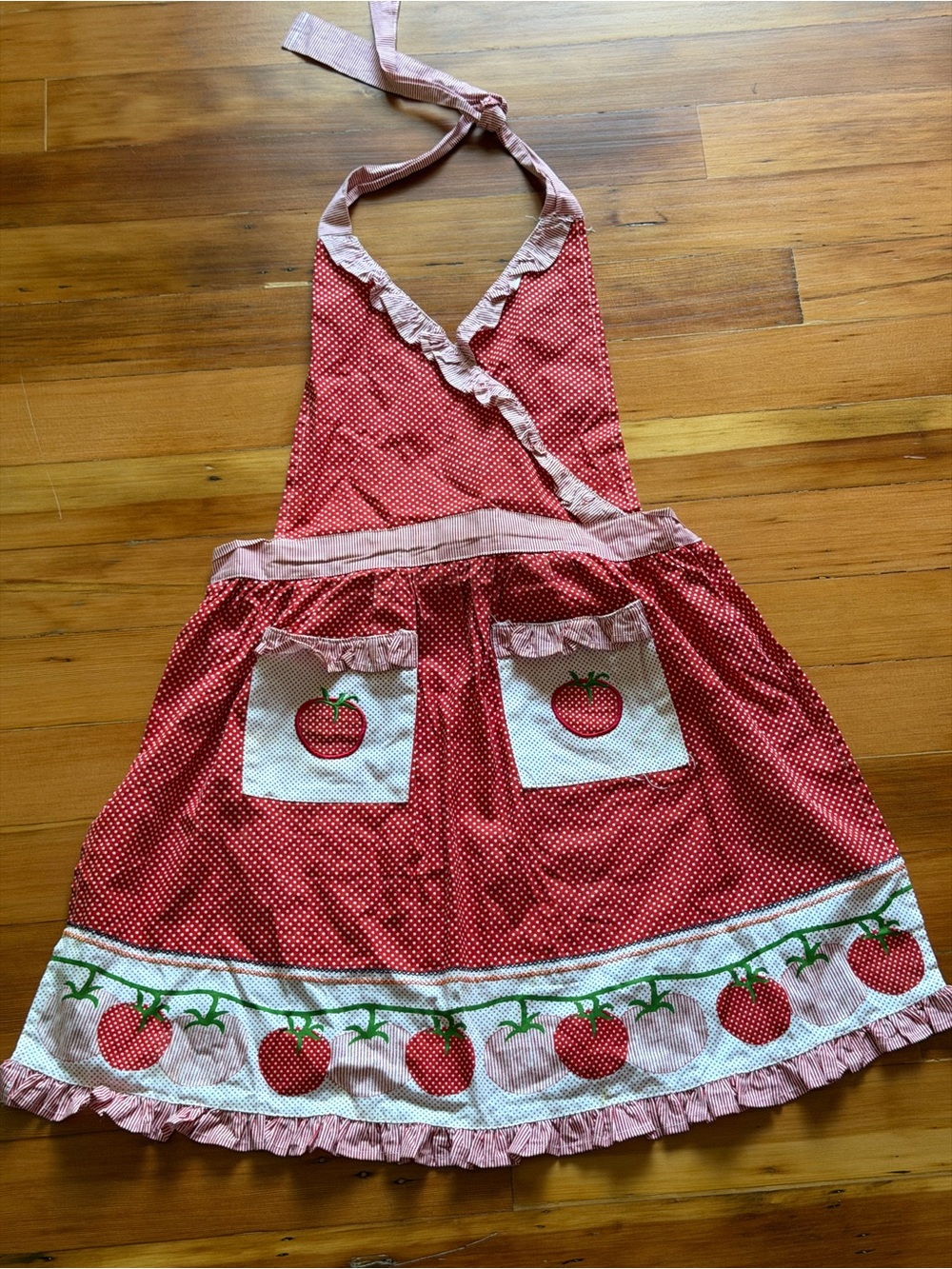 Women's Red Polka Dot & Tomato Print Apron with Pockets